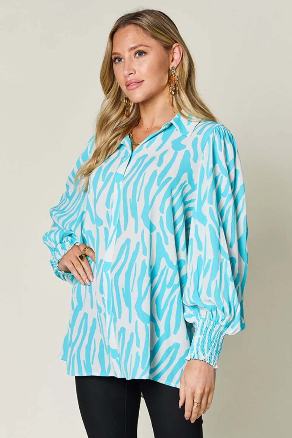 Printed Smocked Long Sleeve Blouse