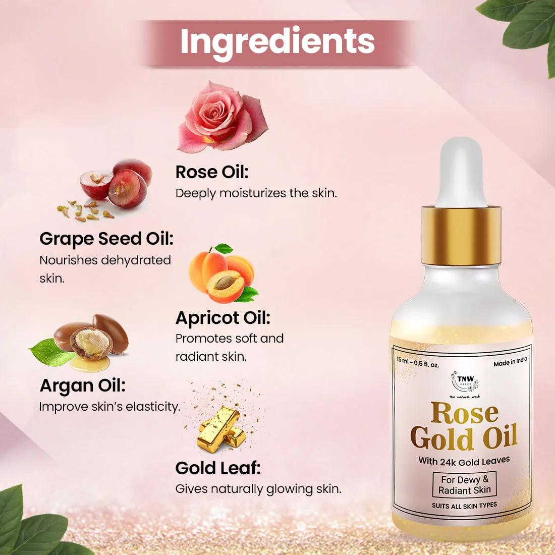 Rose Gold Oil with Gold Flakes for Glowing and Soft Skin.