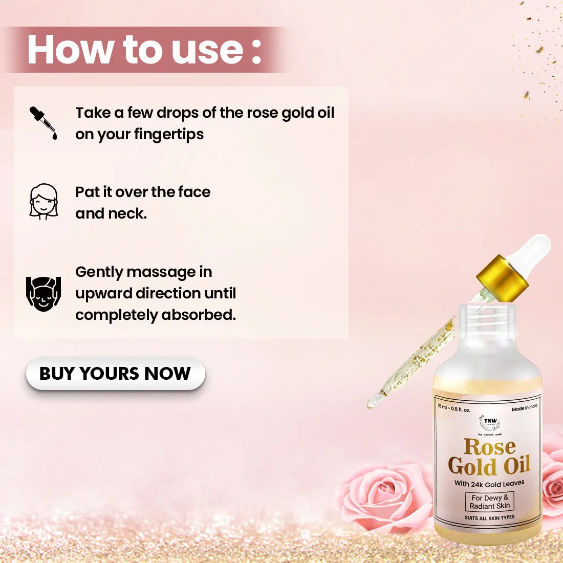 Rose Gold Oil with Gold Flakes for Glowing and Soft Skin.