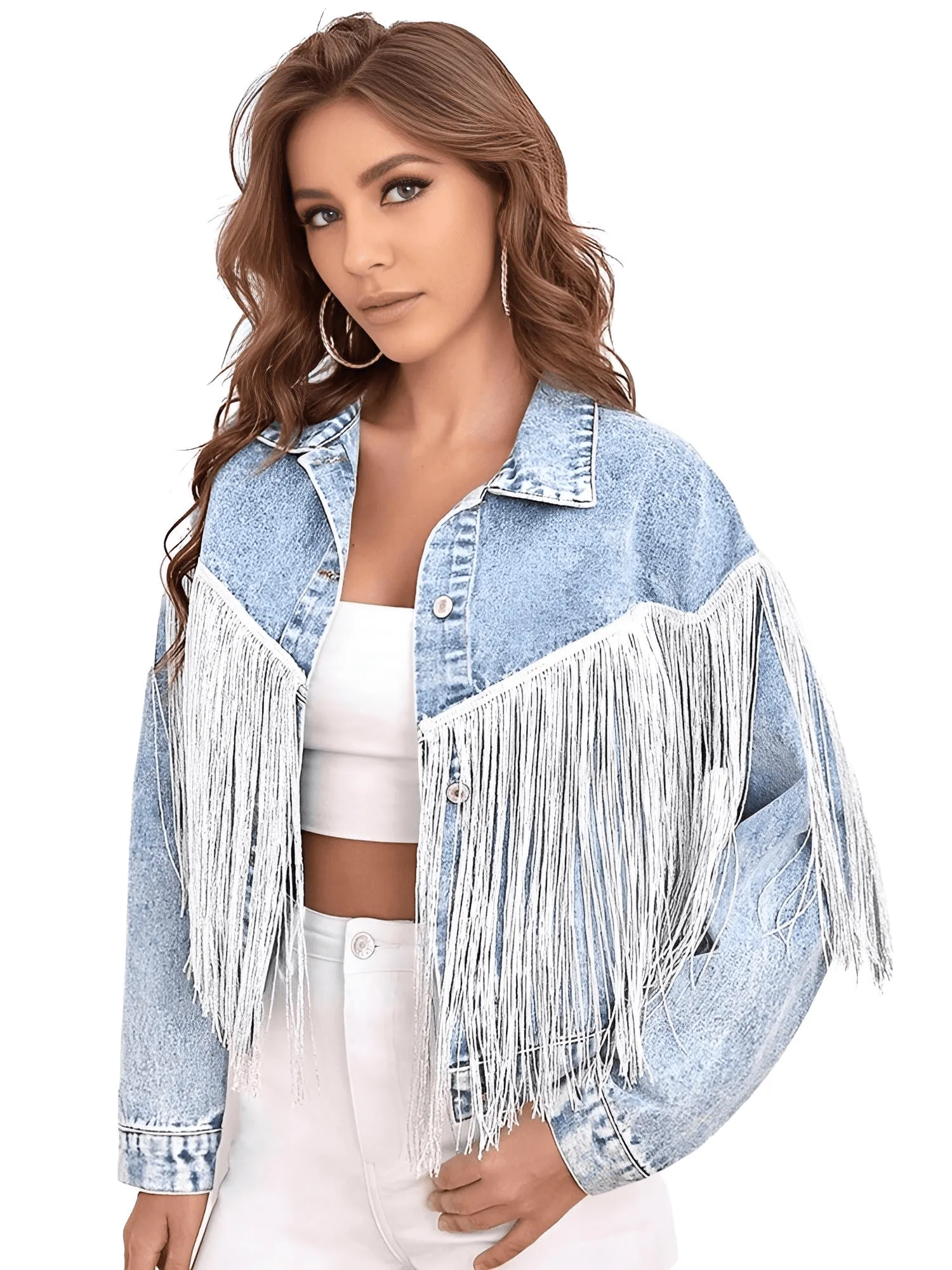 Women's Loose Tassel Washed Blue Denim Jacket - Now in Black Too!