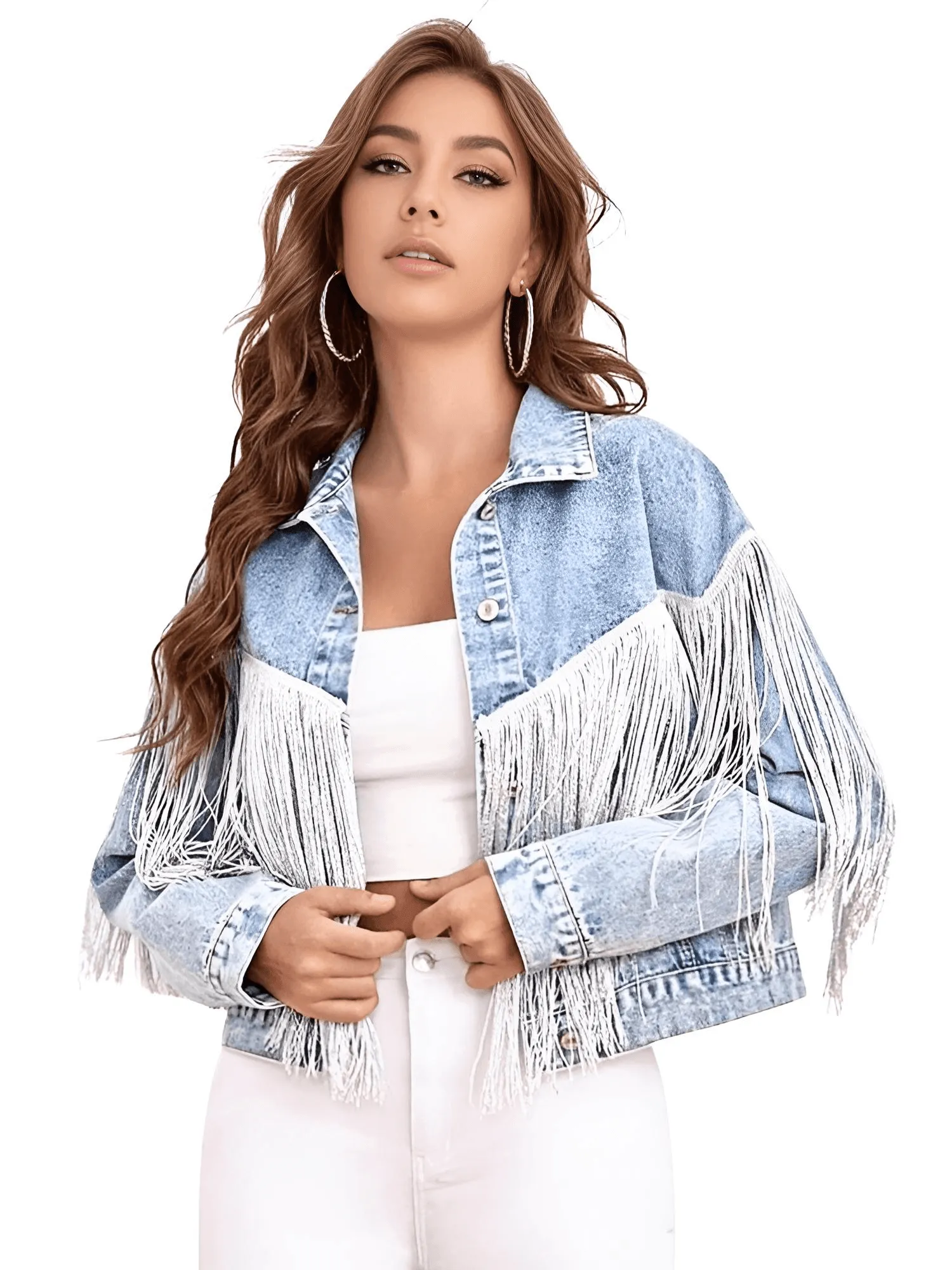 Women's Loose Tassel Washed Blue Denim Jacket - Now in Black Too!