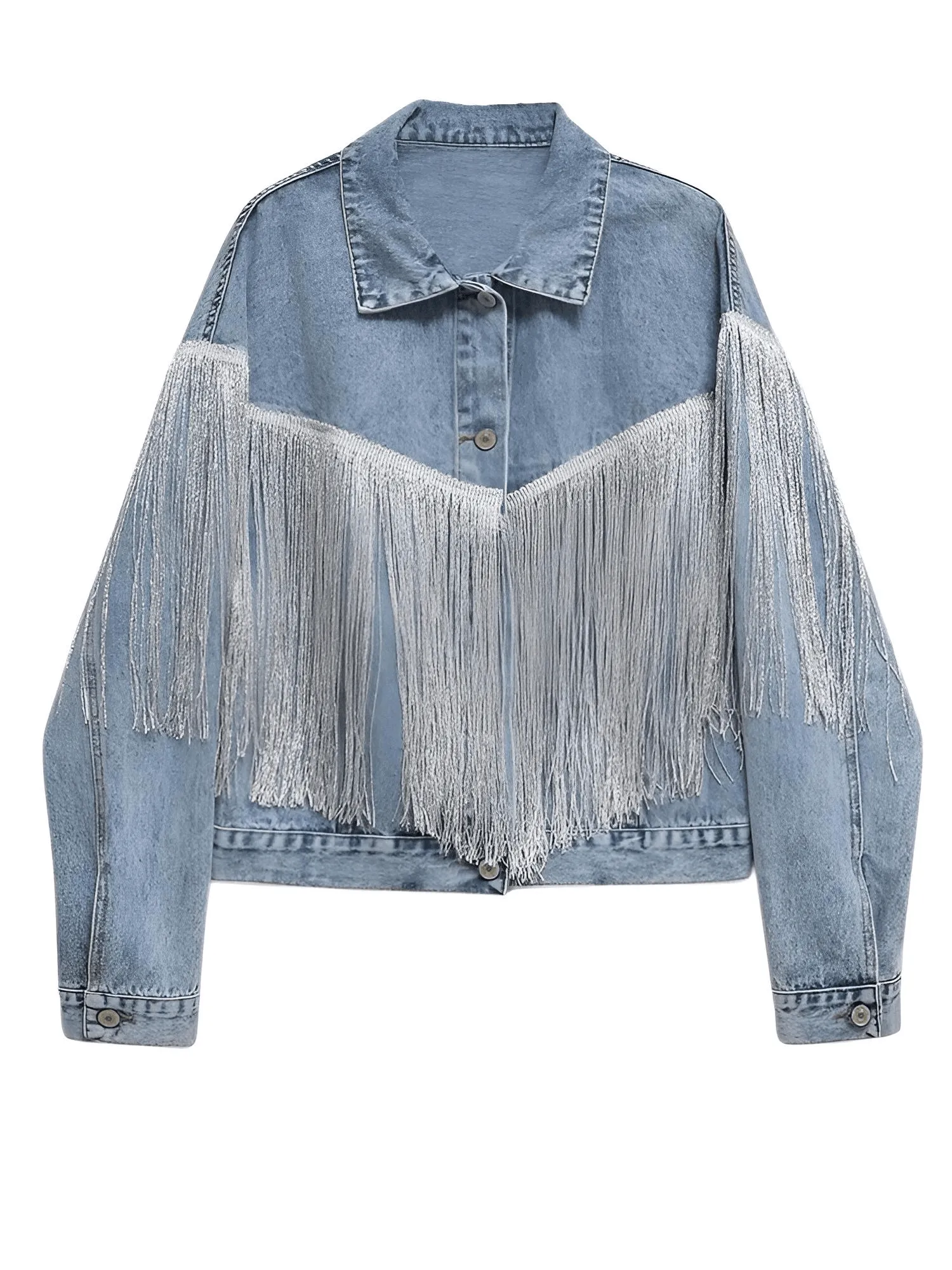Women's Loose Tassel Washed Blue Denim Jacket - Now in Black Too!