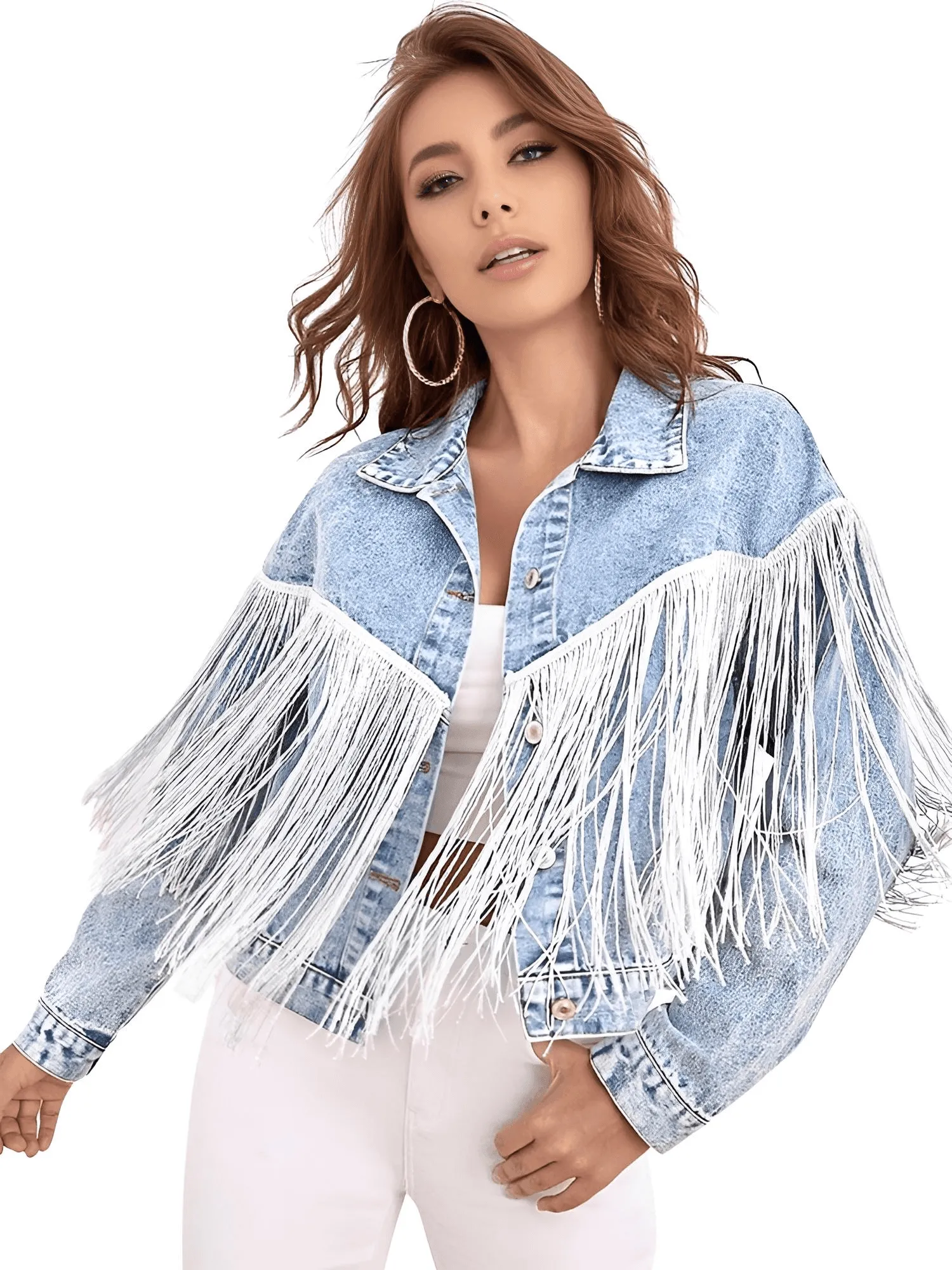 Women's Loose Tassel Washed Blue Denim Jacket - Now in Black Too!
