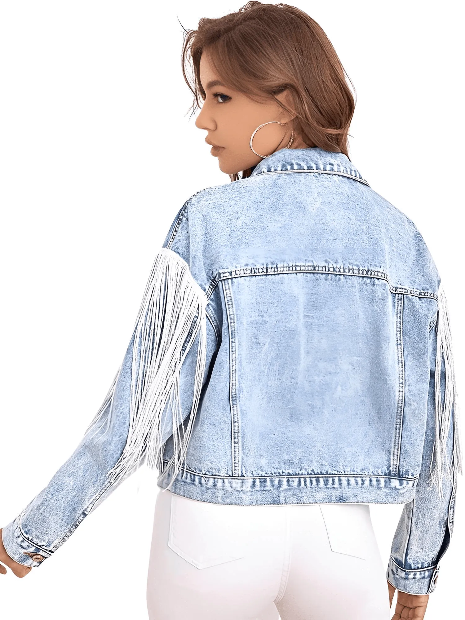 Women's Loose Tassel Washed Blue Denim Jacket - Now in Black Too!
